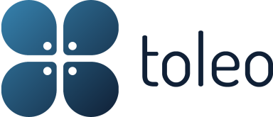 Logo von Toleo mit stilisierten, farbigen Blättern in Blau und Grau.