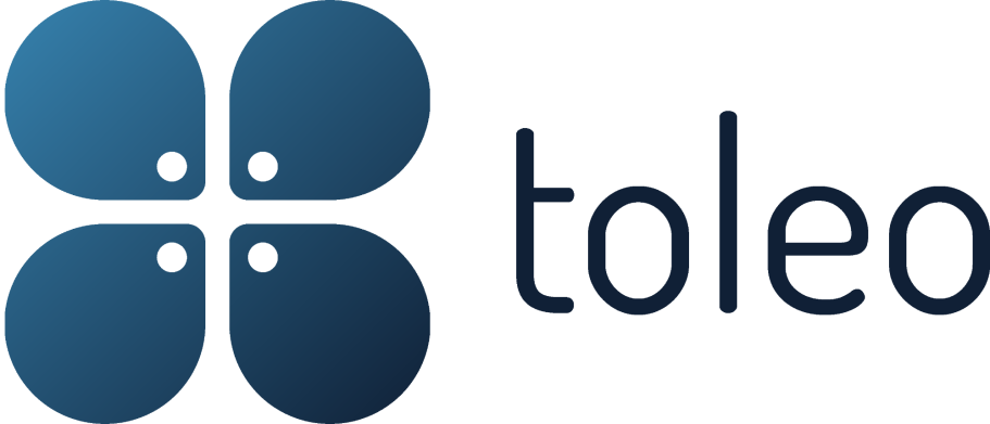 Logo von Toleo mit stilisierten, farbigen Blättern in Blau und Grau.