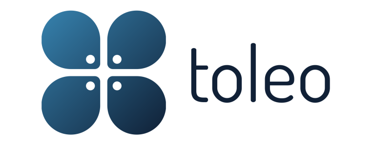 Logo von Toleo mit stilisierten, farbigen Blättern in Blau und Grau.